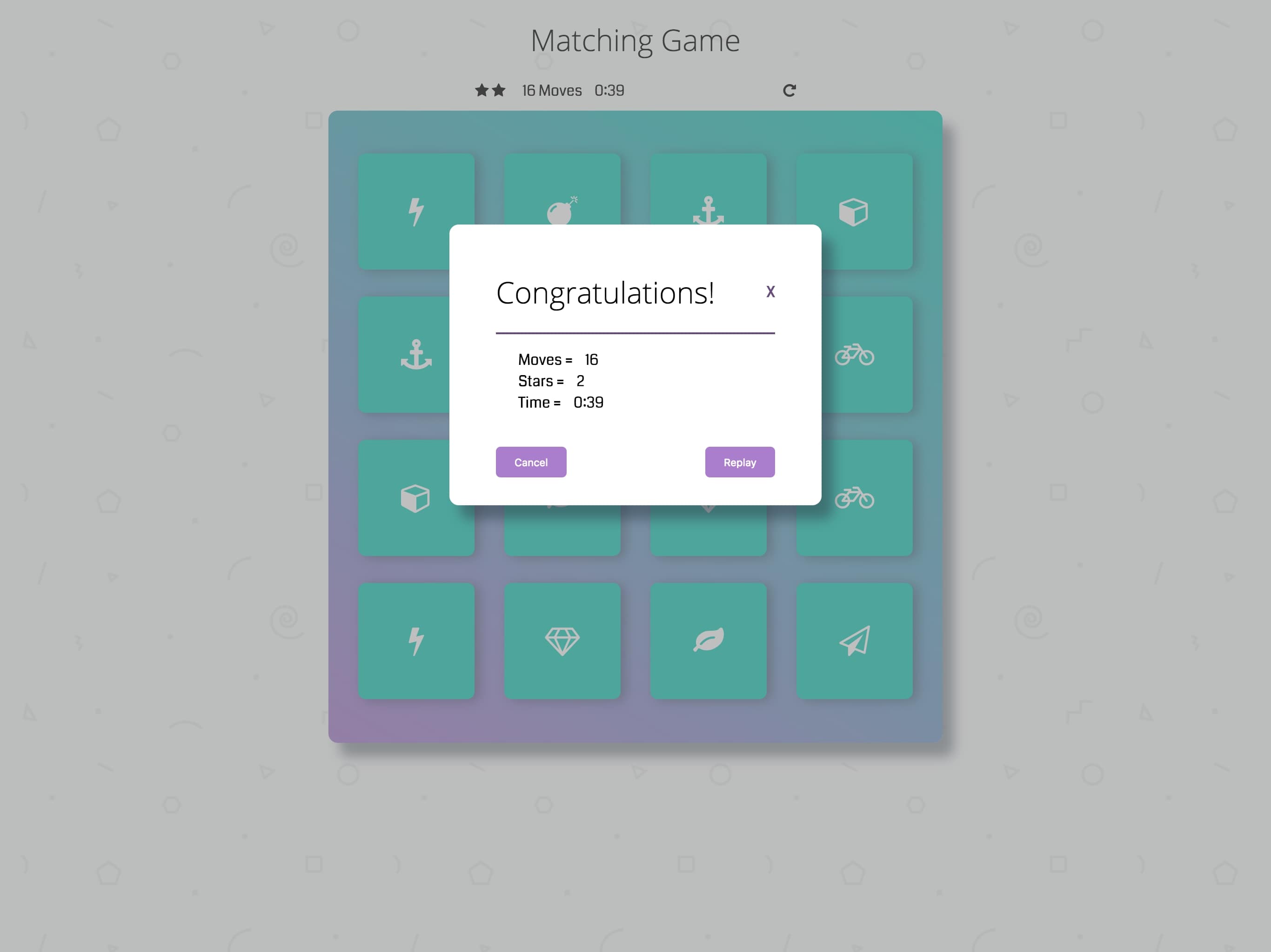 Memory Game winning modal